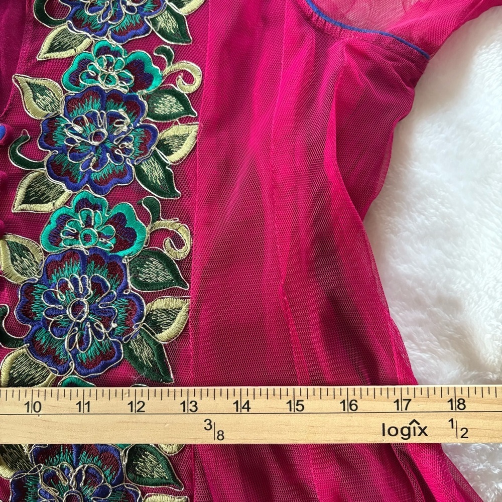 Magenta Embroidered Anarkali Gown Handmade Lined Tulle Outer Layer Indian Sz M - Picture 5 of 15